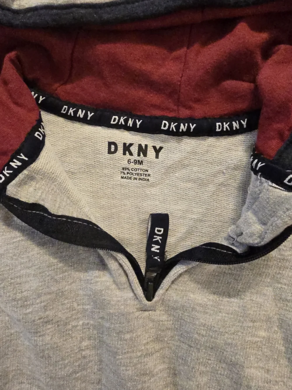 DKNY Baby Hooded Quarter Zip Romper Gray Red 6-9M Cotton One Piece